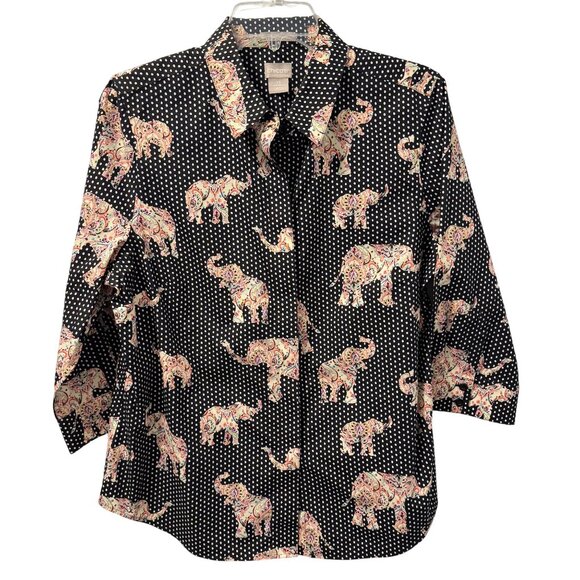 Chicos Black & White Paisley Elephant Print Button-Up Shirt Size 10 blouse - Picture 6 of 12